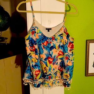 Mm Mm Tropical Floral print tank top with Pom Pom trim